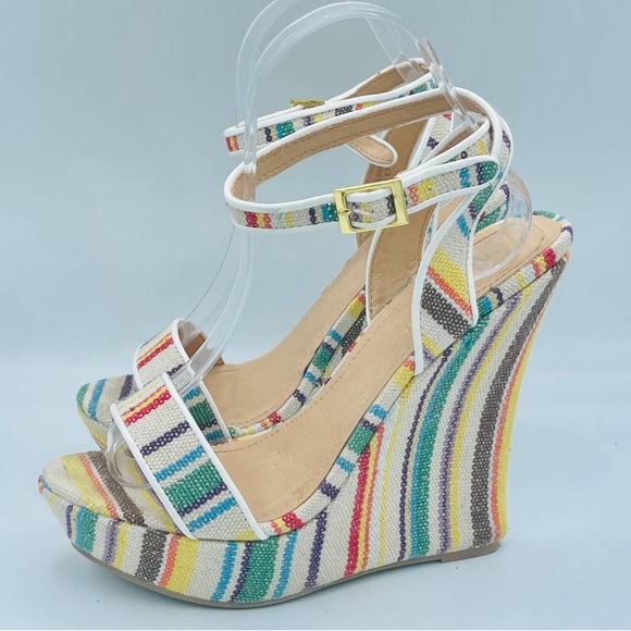 EUC Shoe Dazzle Retro Striped Platform Wedge Sandals - Picture 6 of 13